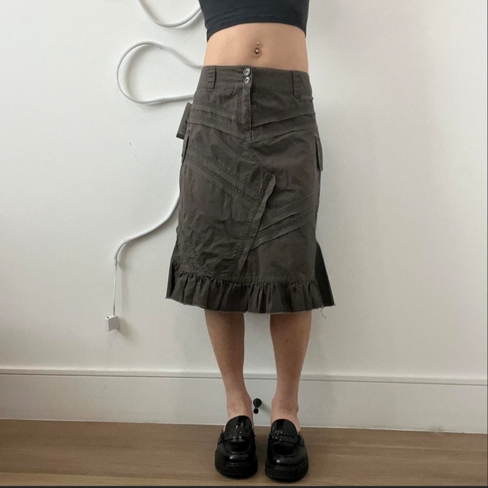 Green Olive Utility Midi Skirt with Ruffle Hem